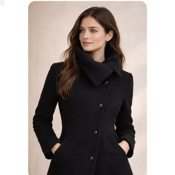 Mackage Black Wool Blend Funnel Neck Peacoat Minimalist Quiet Luxury Medium - Picture 4 of 16